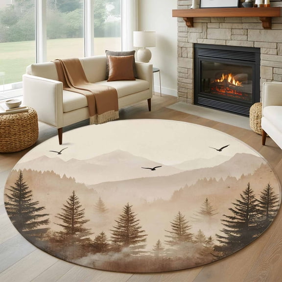 Black Forest Round Area Rug 5 FT,Non Slip Bedroom Area Rug,Silhouettes Foggy Grey Pine Tree Cabin Birds Washable Soft Circular Carpet Floor Mat for Kitchen Dining Room Foyer Balcony Dorm