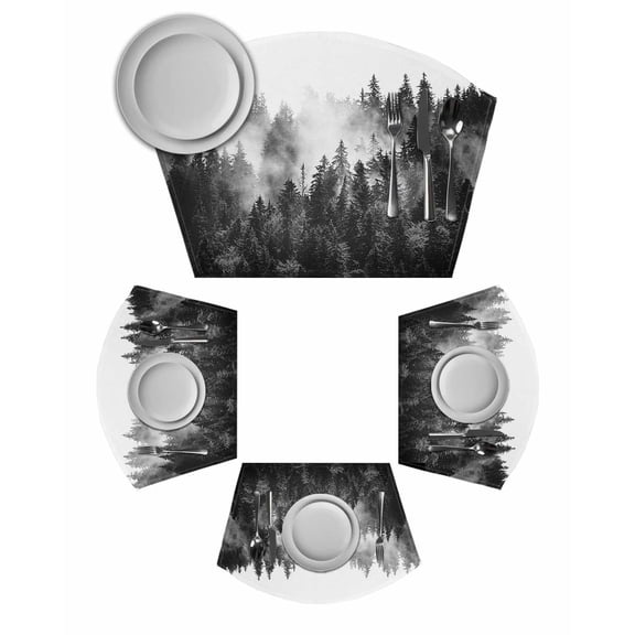Black Forest Round Table Placemats Set of 4 Wedge Placemats, Black and White Natural Landscape Modern Abstract Art Place Mats for Dining Table Set Washable Mats Kitchen Decor for Indoor Outdoor