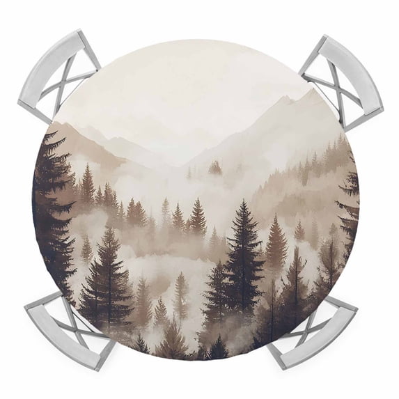 Black Forest Round Tablecloth for 45-54 Inch Tables,Fitted Table Cover with Elastic Edge,Silhouettes Foggy Grey Pine Tree Cabin Waterproof Outdoor Table Cloth Protector for Patio Garden Dinner Picnic