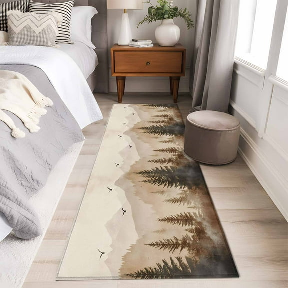 Black Forest Runner Rug 2x6 FT,Non Slip Hallway Carpet,Silhouettes Foggy Grey Pine Tree Cabin Birds Washable Soft Floor Carpet Throw Runner Carpet Long Rug for Entryway Kitchen Bedside Sliding Door