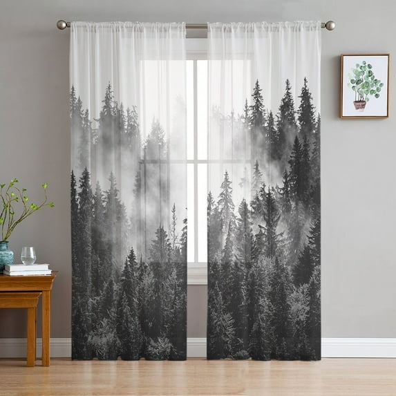 Black Forest Semi Sheer Curtains 63 Inch Length 2 Panels Set,Black and White Natural Landscape Modern Abstract Art Sheer Kitchen Curtain Privacy Voile Window Curtain for Living Room Rod Pocket Drapes