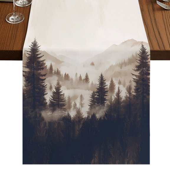 Black Forest Short Table Runner 36 Inches Long,Silhouettes Foggy Grey Pine Tree Cabin Cotton Linen Table Runners Dresser Scarves,Fabric Tabletop Scarf Furniture Cover for Home Dinner Party 13"x36"