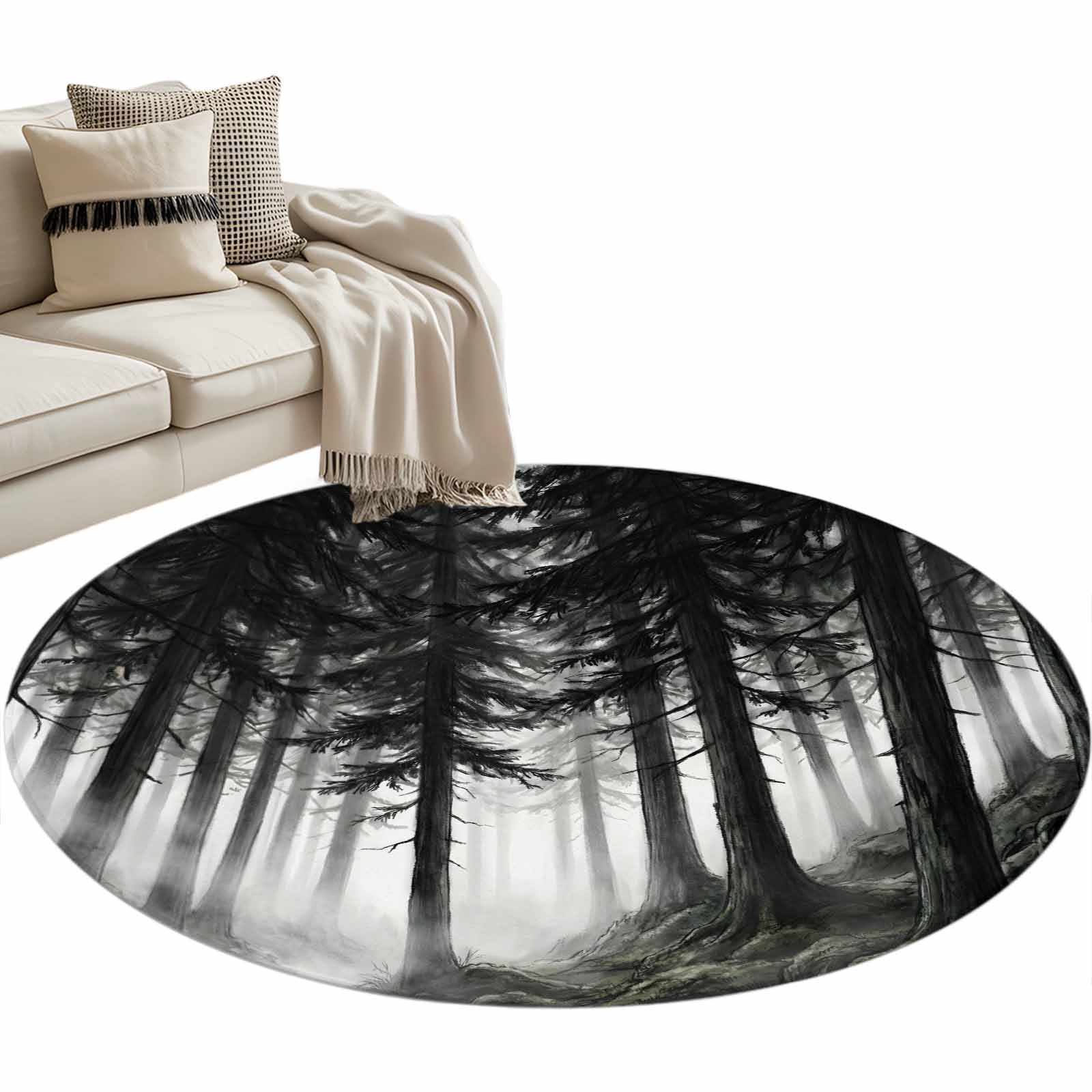 Black Tree Rug Black Forest Silhouette Round Rug 4ft Washable Circle Entryway Rugs Non ...