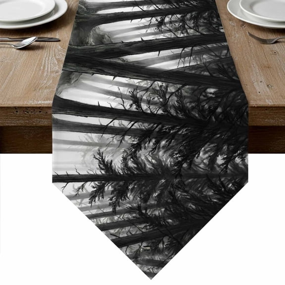 Black Forest Silhouette Table Runner Linen Burlap Table Runner 36 Inches Small Nature Misty Trees Dresser Scarves for Kitchen Island Coffee Dining Room Party Wedding Banquet Holiday Decor 13"x36"