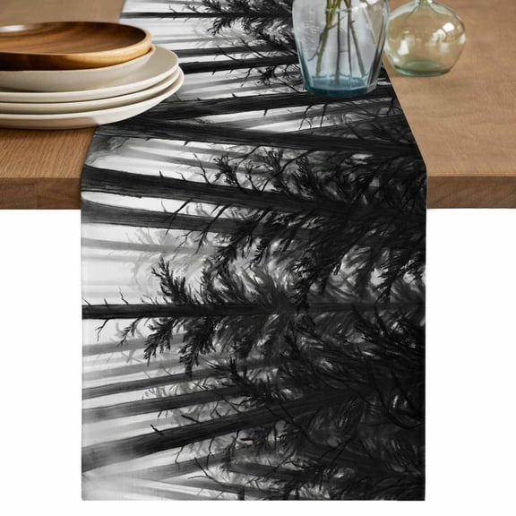 Black Forest Silhouette Table Runner, Nature Misty Trees Washable Cotton Linen Table Runners 36 Inches Long, Dresser Scarf Runner for Nightstand/End Tables/Round Tables 13''x36''