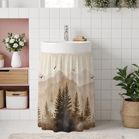 Black Forest Small Sink Skirt 10''x11'', Silhouettes Foggy Grey Pine Tree Cabin Birds Bathroom Vanity Utility Cabinet Curtain, Kitchen Under Sink Laundry Privacy Drape Waterproof Closet Curtains