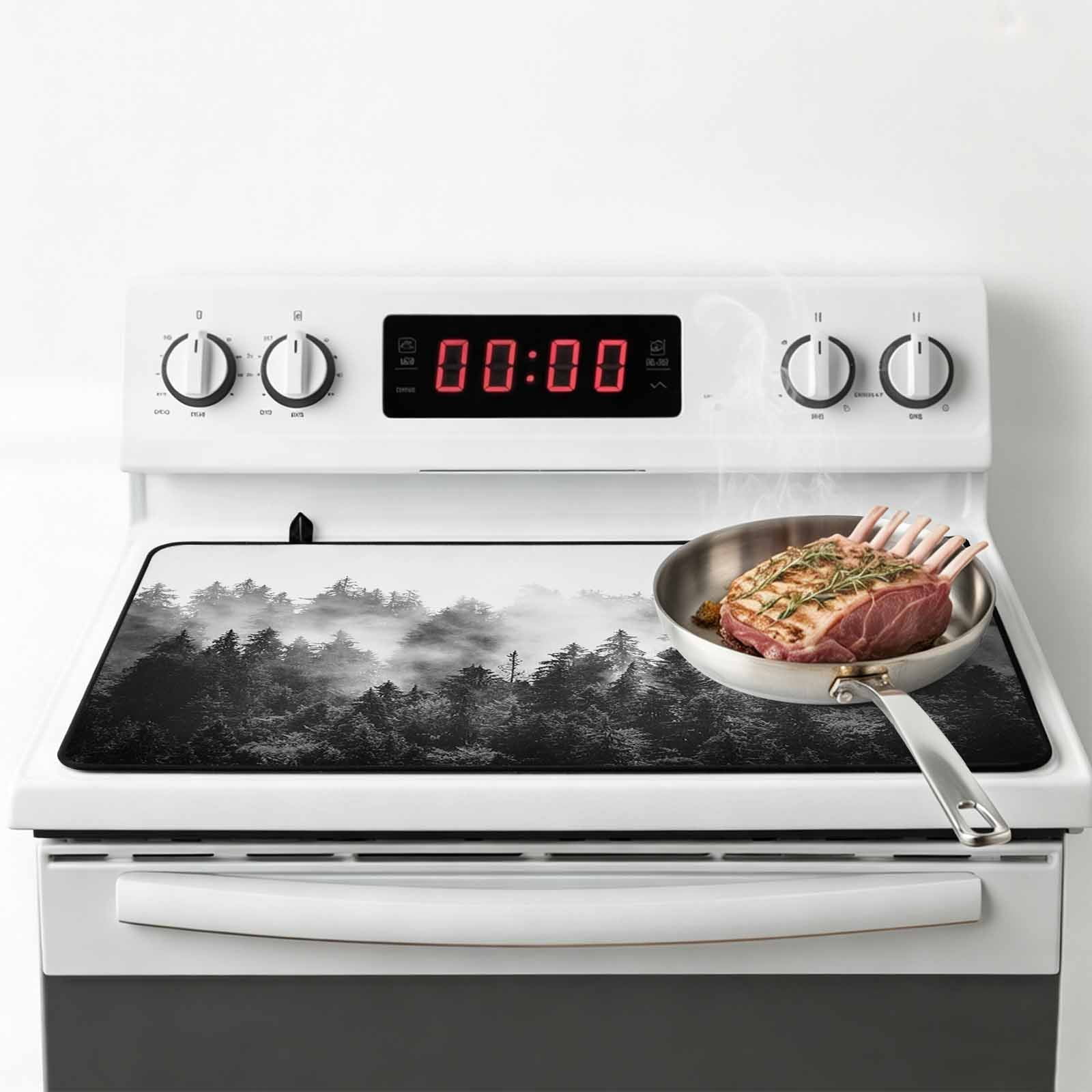 Black Forest Stove Top Cover for Electric Stove,Heat-proof & Non Slip Glass Top Stove Cover Protector,Black and White Natural Landscape Modern Abstract Art Kitchen Cooktop Rubber Mat 24x21 Inches