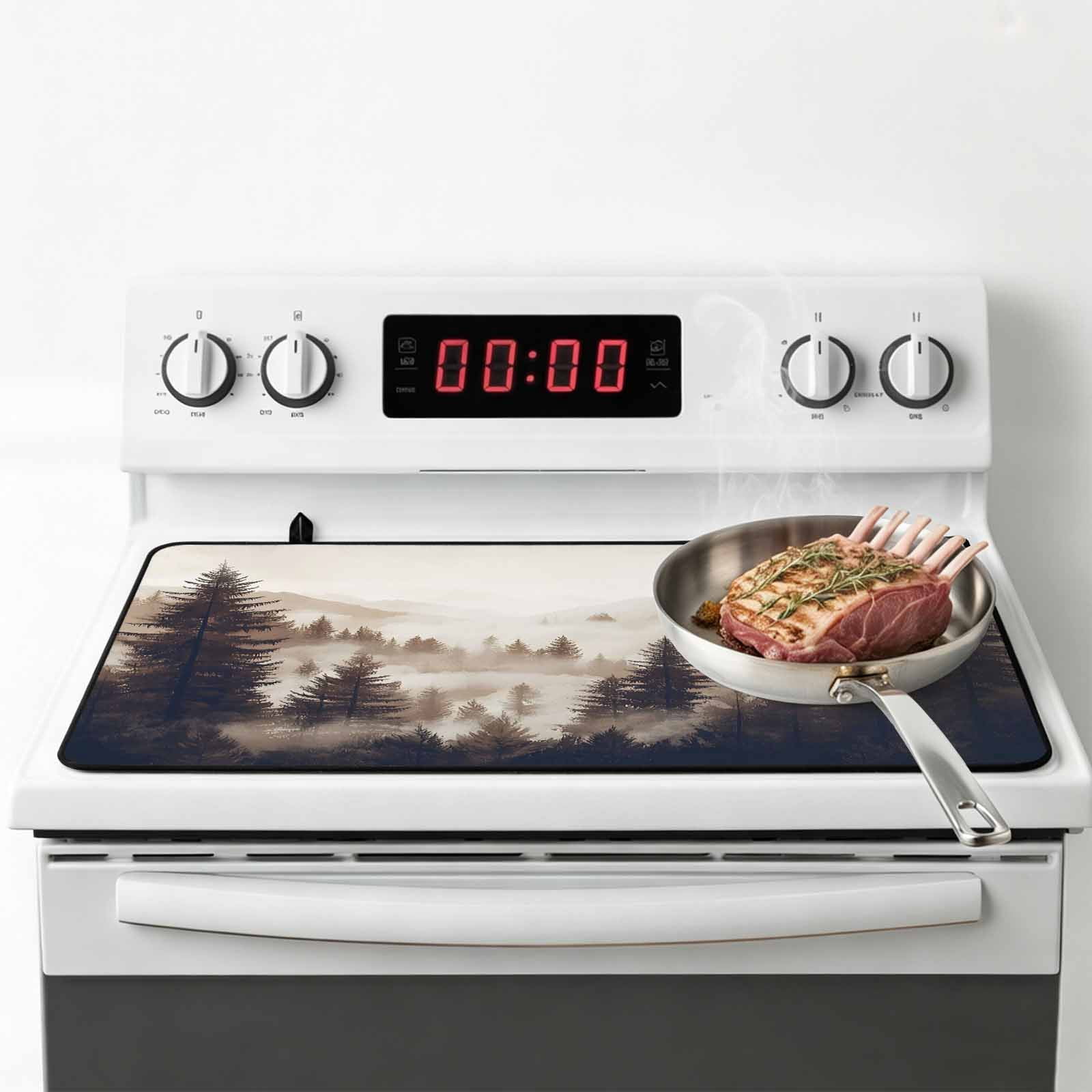 Black Forest Stove Top Cover for Electric Stove, Heat-proof & Non Slip Glass Top Stove Cover Protector, Silhouettes Foggy Grey Pine Tree Cabin Kitchen Flat Cooktop Rubber Mat 24x21 Inches
