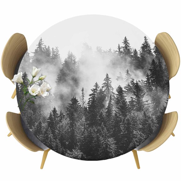 Black Forest Table Cloth, Round Fitted Tablecloths with Elastic Edge, Black and White Natural Landscape Modern Abstract Art Wipeable Waterproof Table Cover for Kitchen Wedding 45-54 Inches