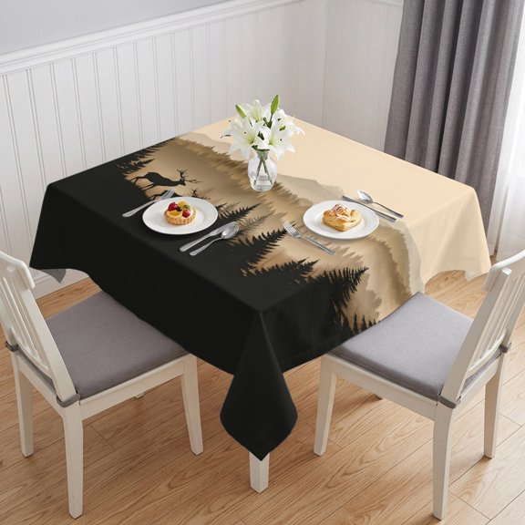 Black Forest Table Cloth Waterproof Tablecloths, Deer Silhouettes Foggy Grey Pine Tree Tablecloth Dining Table Cover for Kitchen Party Tabletop Outdoor, Square Tablecloth 54x54 Inch