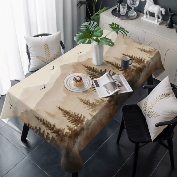 Black Forest Table Cloth Waterproof Tablecloths, Silhouettes Foggy Grey Pine Tree Cabin Birds Tablecloth Dining Table Cover for Kitchen Party Tabletop Outdoor, Rectangle Tablecloth 54x108 Inch