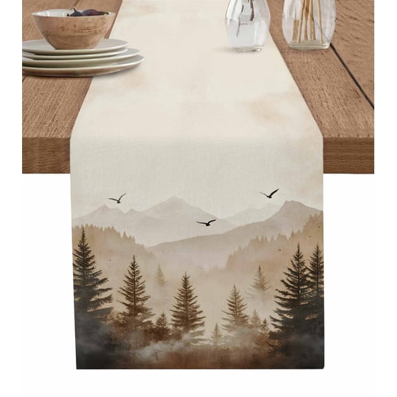 Black Forest Table Runner 70 Inches, Silhouettes Foggy Grey Pine Tree Cabin Birds Bed Runner Dresser Scarves Tabletop for Indoor Outdoor Parties/Ceremony/Banquet, 13" x 70"