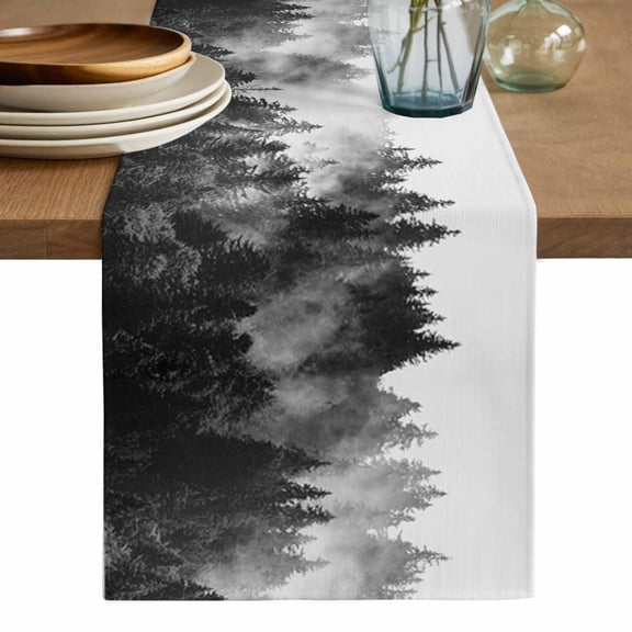 Black Forest Table Runner, Black and White Natural Landscape Modern Abstract Art Cotton Linen Table Runners 36 Inches Long, Dresser Scarf Runner for Nightstand/End Tables/Round Tables 13''x36''