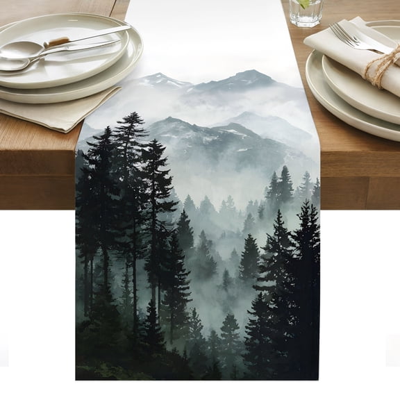 Black Forest Table Runner Nature Foggy Mountain Pine Tree Tablerunners 13 x 36 Inch, Table Decorations Tabletop Scarf for Summer Gathering Holiday Farmhouse Kitchen Dining Decor