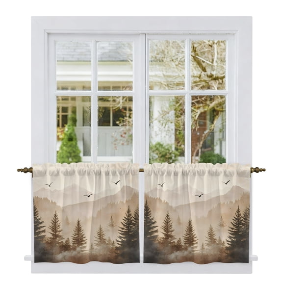 Black Forest Tier Curtains, Silhouettes Foggy Grey Pine Tree Cabin Birds Light Filtering Kitchen Curtains, 2Pcs Rod Pocket Half Window Treatments Panels for Sink Cafe Cabinet Camper 27.5x24 Inches