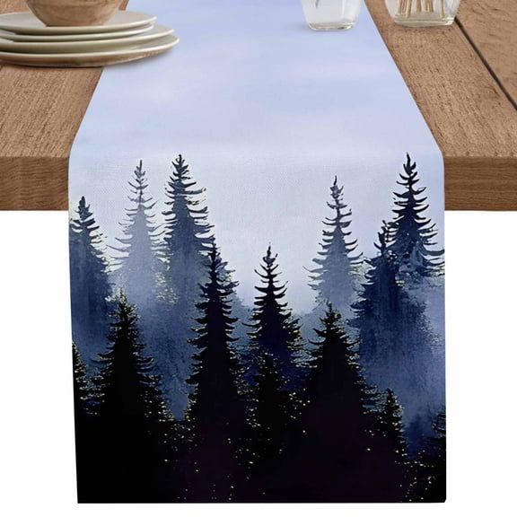 Black Forest Tree Landscape Table Runner-36 Inch Long Rustic Woodland Table Runners Linen Burlap Tablerunner for Kitchen Dining Room Holiday Party