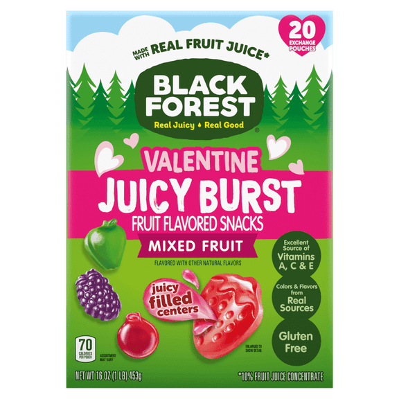 Black Forest Valentine Juicy Burst Fruit Flavored Snacks, Mixed Fruit Flavors, A Juicy Burst of Natural Flavors, Made with Real Fruit Juice, 0.8 oz 20 Count