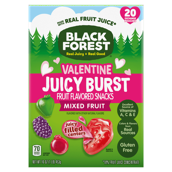Black Forest Valentine Juicy Burst Fruit Flavored Snacks, Mixed Fruit Flavors, A Juicy Burst of Natural Flavors, Made with Real Fruit Juice, 0.8 oz 20 Count