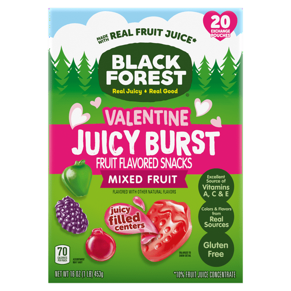 Black Forest Valentine Juicy Burst Fruit Flavored Snacks, Mixed Fruit Flavors, A Juicy Burst of Natural Flavors, Made with Real Fruit Juice, 0.8 oz 20 Count