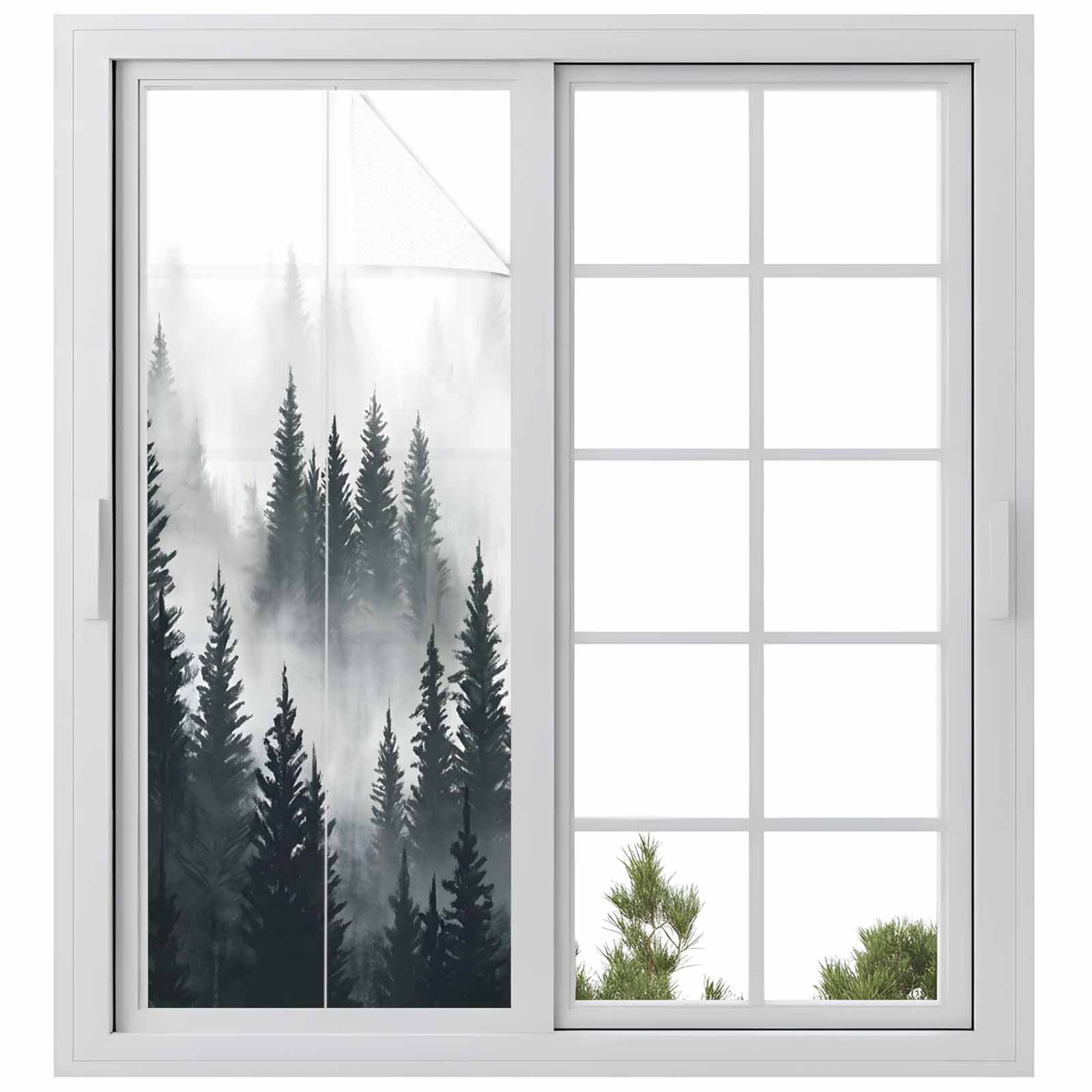 Black Forest Window Privacy Film, Misty Pine Trees Foggy Black Trees Frosted Glass Window Clings Static Cling UV Heat Blocking Reusable Door Sticker for Bathroom 23.6 x 59 Inch