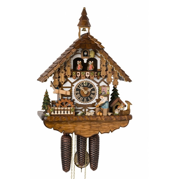Black Forest house cuckoo clock with movable wood chipper and rotating mill wheel