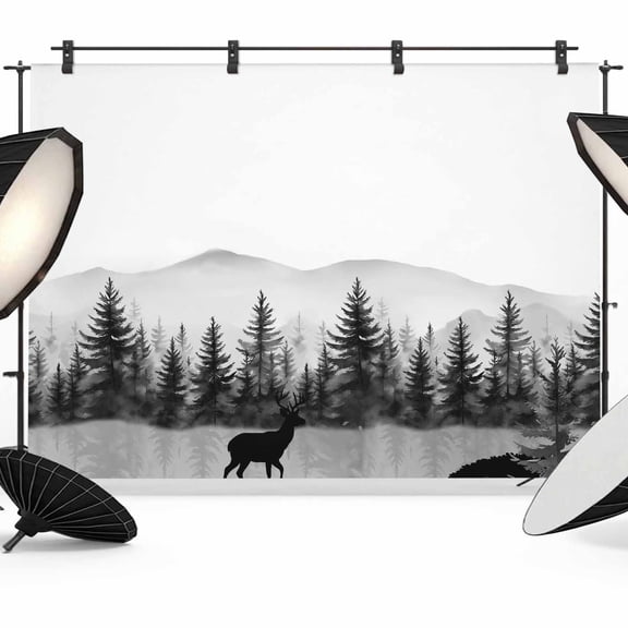 Black Forests Backdrop for Photoshoot,Photography Photo Studio Background Wall Backdrop,Pine Trees Elk Foggy Farmhouse Rustic Back Drop Banner Panel for Portraits Wedding Party Live Streaming 8x6Ft