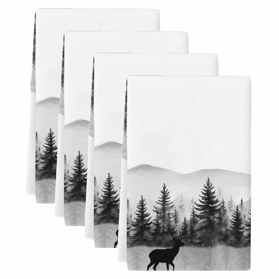 Black Forests Kitchen Towels Set of 4, Absorbent Microfiber Dish Tea Towels with Hanging Loop, Pine Trees Elk Foggy Farmhouse Rustic Resuable Hand Towel for Home Kitchen Cooking Cleaning 18"x28"