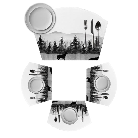 Black Forests Round Table Placemats Set of 2 Wedge Placemats, Pine Trees Elk Foggy Farmhouse Rustic Place Mats for Dining Table Set Washable Mats Kitchen Decor for Indoor Outdoor Wipe Clean