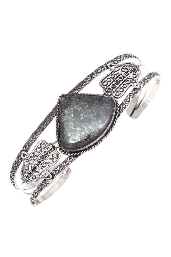 Black Fossil Gemstone Gift For Her Silver Jewelry Cuff Bracelets 7''Adjustable