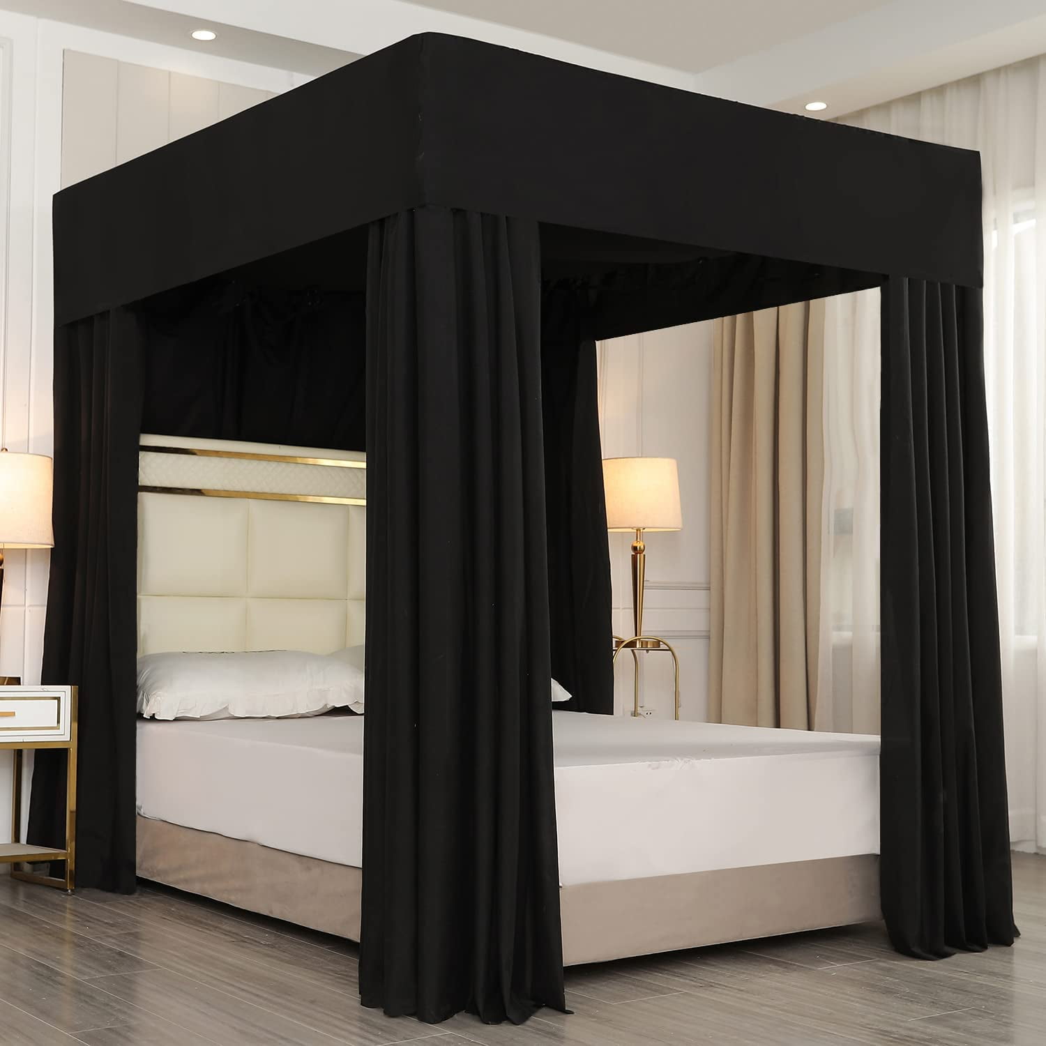 Black Four Corner Post Bed Canopy Bed Curtains Sheer Canopy for Adults Girls Bedroom Decoration Lightproof Windproof (Queen, Black)