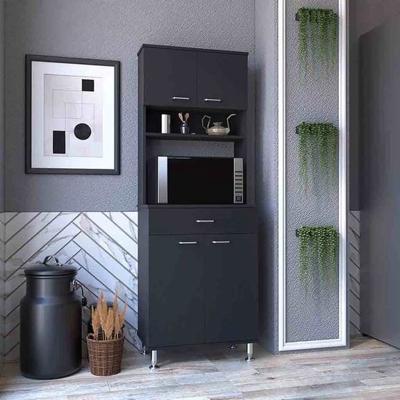 Black Four-Door Pantry with Spice Rack and Top Surface | Ideal for Kitchen Organization and Microwave Storage | Enjoy a Spacious and Functional Cabinet