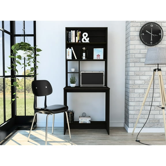 Black Four Shelves Desk, Compact For Office Efficiency, Modern Rectangular With Storage Drawers, 29.6 Inches Wide Desk - Black, Use, Writing