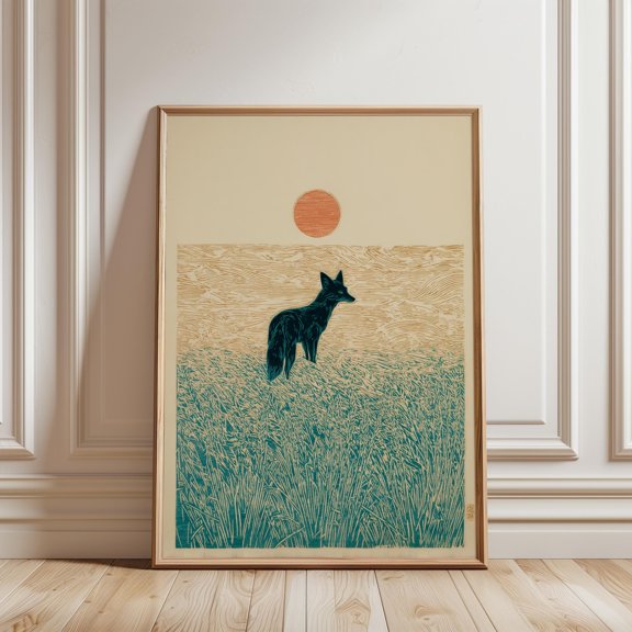 Black Fox In Wheat Field And Red Sun Japanese Linocut Art Poster Home Decor Office Wall Art