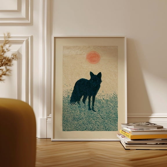 Black Fox In Wheat Field And Red Sun Japanese Linocut Art Poster Home Decor Office Wall Art