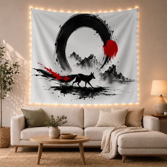 Black Fox with Red Sun Against Mountain in Enso Circle, Serene Japanese Inspired for Zen Lovers, Ink Wash Wall Art, Housewarming Gift, Tapestry Wall Hanging for Meditation Room and Living Room