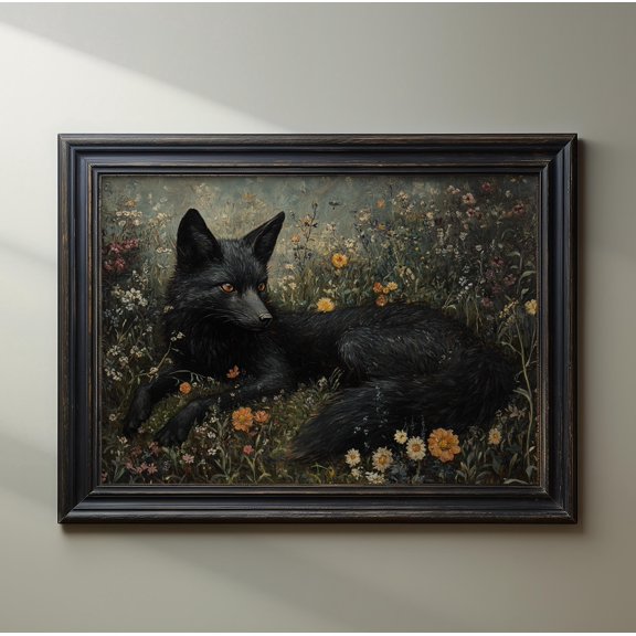 Black Fox Wildflower Floral Dark Academia Lover Artful Gothic Animal Vintage Oil Matte Botanical Wall Art Poster , Poster Print Only