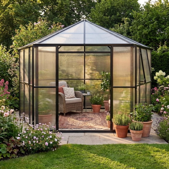 Black Frame 12x10x8 FT Polycarbonate Hexagonal Walk-in Greenhouse