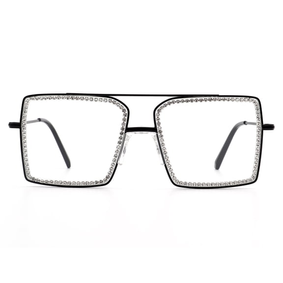 Black Frame Square Eyeglasses with Rhinestone Trim, Clear Lens - Luxury Fashion Eyewear for Women Daily & Party