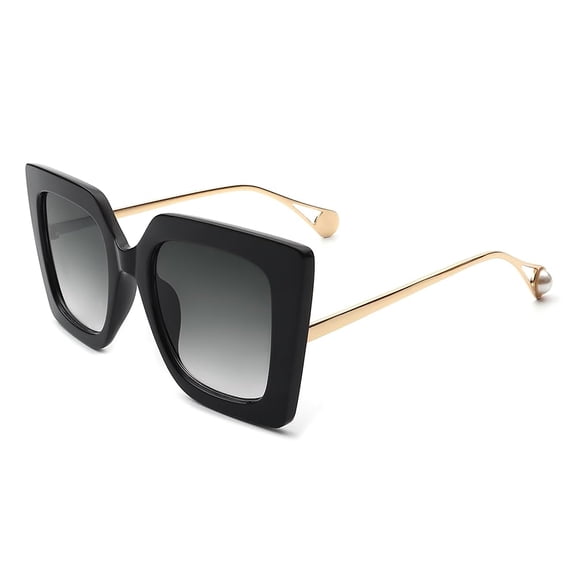 Black Frame Sunglasses with Gold Temple - Dark Lens UV Protection Fashion Casual Eyewear