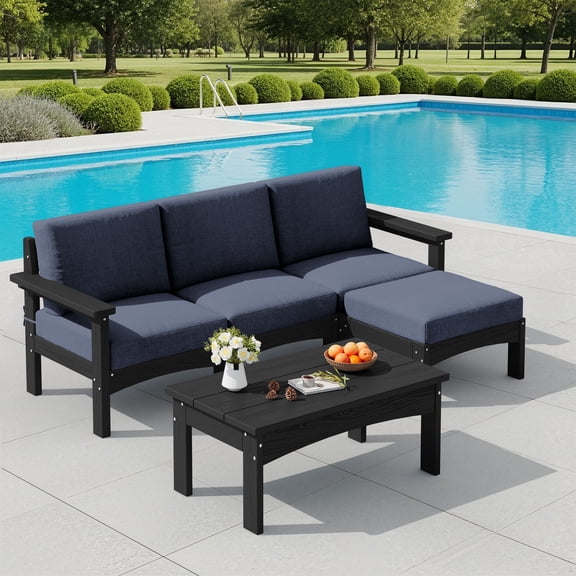 SERWALL 7-Piece HDPE Outdoor Patio Furniture Set, Modular Conversation Sofa, Weather-Resistant Patio Sofa, Deck, Backyard & Poolside, Black Frame with Grey Cushions