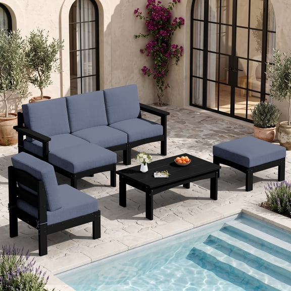 SERWALL 7-Piece HDPE Outdoor Patio Furniture Set, Modular Conversation Sofa, Weather-Resistant Patio Sofa, Deck, Backyard & Poolside, Black Frame with Grey Cushions
