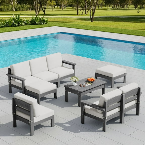 SERWALL 9-Piece HDPE Outdoor Sectional Sofa Set, Modular Conversation Furniture, Weather-Resistant Patio Sofa, Deck, Backyard & Poolside, Black Frame with Khaki Cushions
