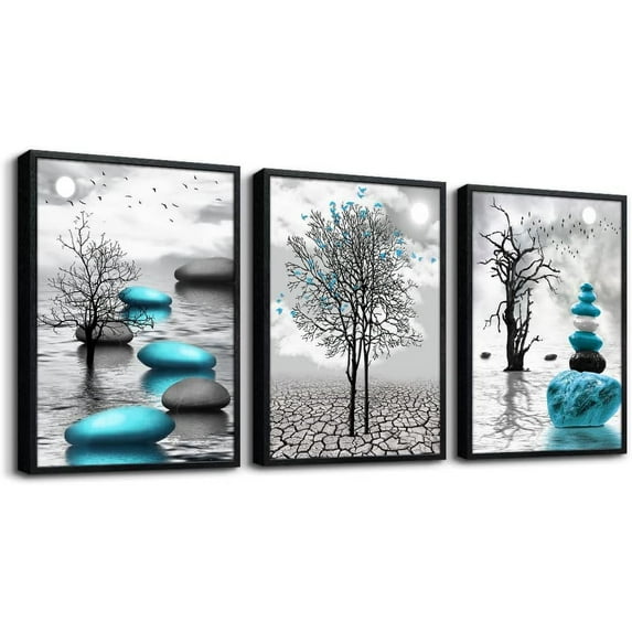 Black Framed Canvas Wall Art for Living Room Wall Decor for Bedroom Bathroom Black and White Paintings Modern 3 Piece Framed Canvas Art Prints Ready to Hang Abstract Blue Pictures Home Decorations