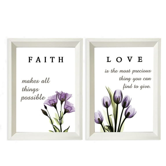 White Wood Framed Love Faith Purple Flower Wall Art Modern Abstract Picutre Set for Home Decoration - Picture Prints Artwork Ready to Hang Living Room Bathroom Bedroom