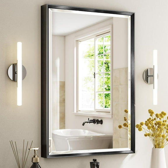 Black Framed Mirror for Bathroom, 24x36 Inch Black Rectangle Beveled Bathroom Vanity Mirror, Anti-Rust Matte Black Metal Frame Mirror for Wall, Vertical/Horizontal Wall-Mounted Mirrors