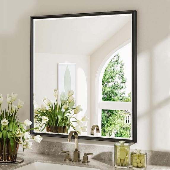 Black Framed Mirror for Bathroom, 30x36 Inch Black Rectangle Beveled Bathroom Vanity Mirror, Anti-Rust Matte Black Metal Frame Mirror for Wall, Vertical/Horizontal Wall-Mounted Mirrors