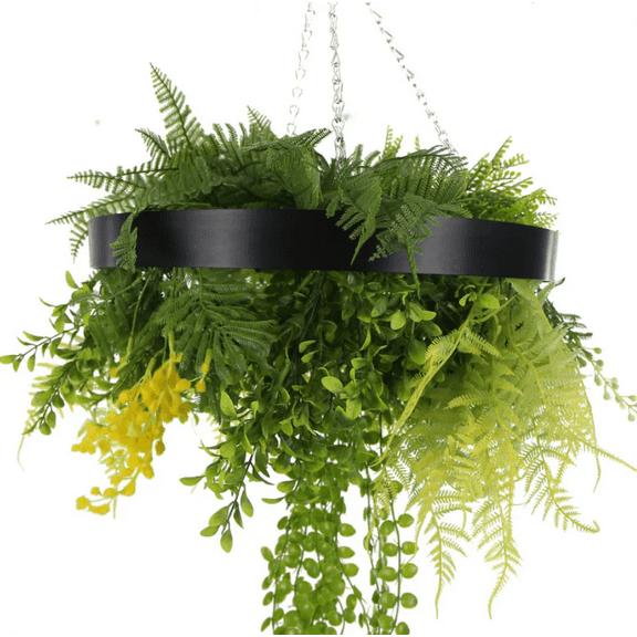 Black Framed Roof Hanging Disc With Draping Faux Plants 15.5"