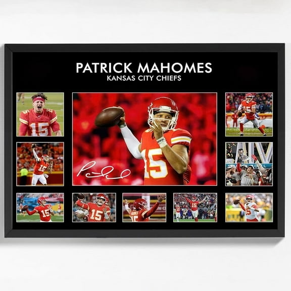 Black Framed Rugby Star Patrick Mahomes Signed Poster For Fans Kids Birthday Christmas Gifts-Sports Football Picture Canvas Art Prints For Boys Teens Room Bedroom Wall Decor