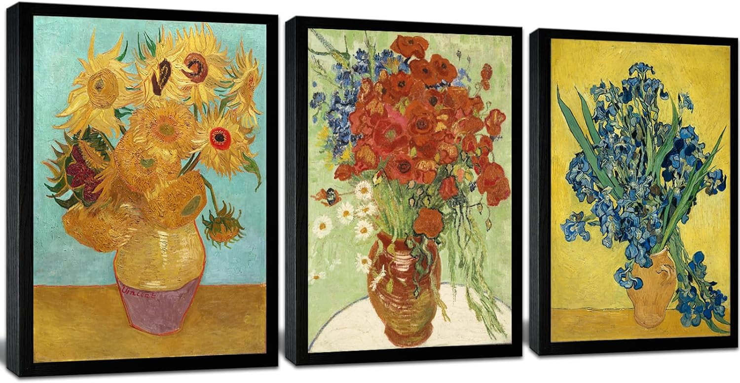 Vincent Van Gogh Sunflowers and Irises Black Framed Canvas Print Set