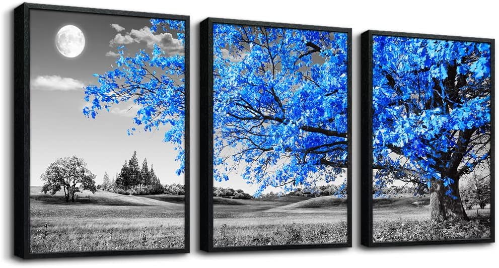 Blue Trees and Moon Landscape Canvas Print Set